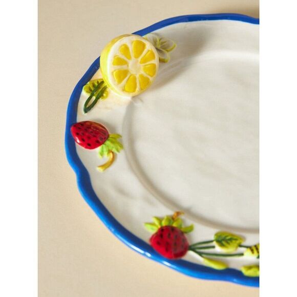 Anthropologie Faye Dessert Plate White Lemon Strawberry Kitchen Garden Stoneware - Picture 2 of 6